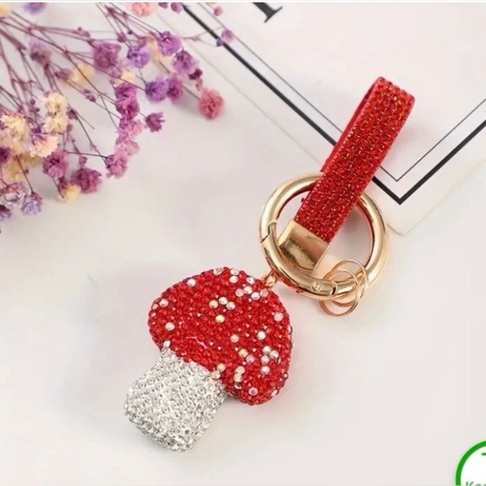 Sparkling Red and Silver Mushroom Keychain